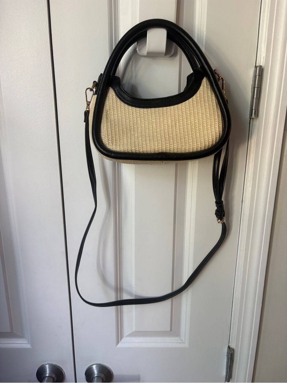 A New Day Black and Cream Woven Straw Crossbody Bag With Detachable Strap